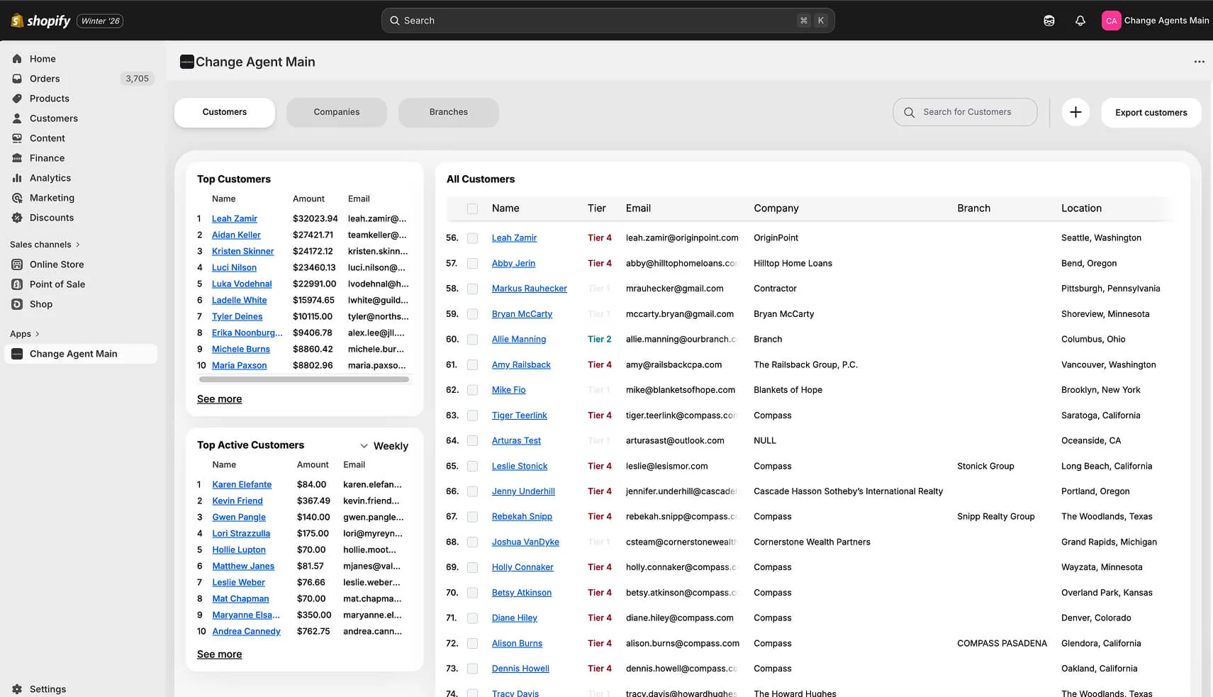 Change Agent Main embedded in Shopify Admin — customer management panel with Customers, Companies, and Branches tabs