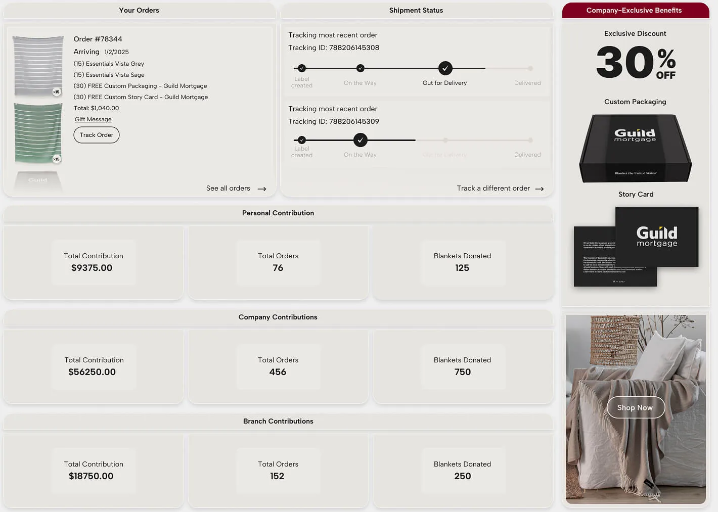 Customer portal showing orders, shipment tracking, personal and company contribution totals, and exclusive tier benefits