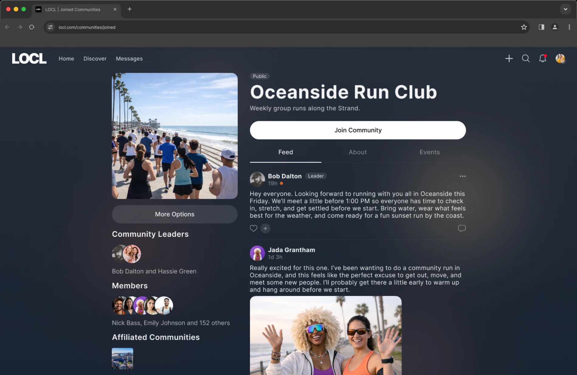 Community feed on desktop: posts centred, with leaders, members and affiliates in a sidebar