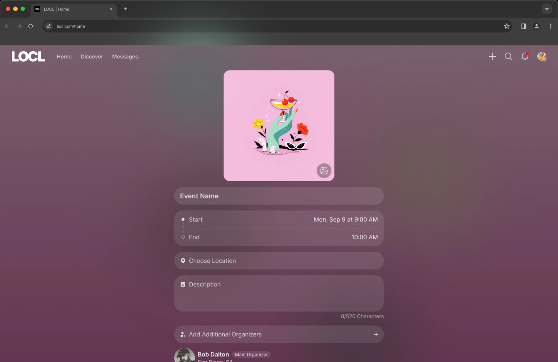 Event creation form on desktop before a cover image is chosen, showing the placeholder tint