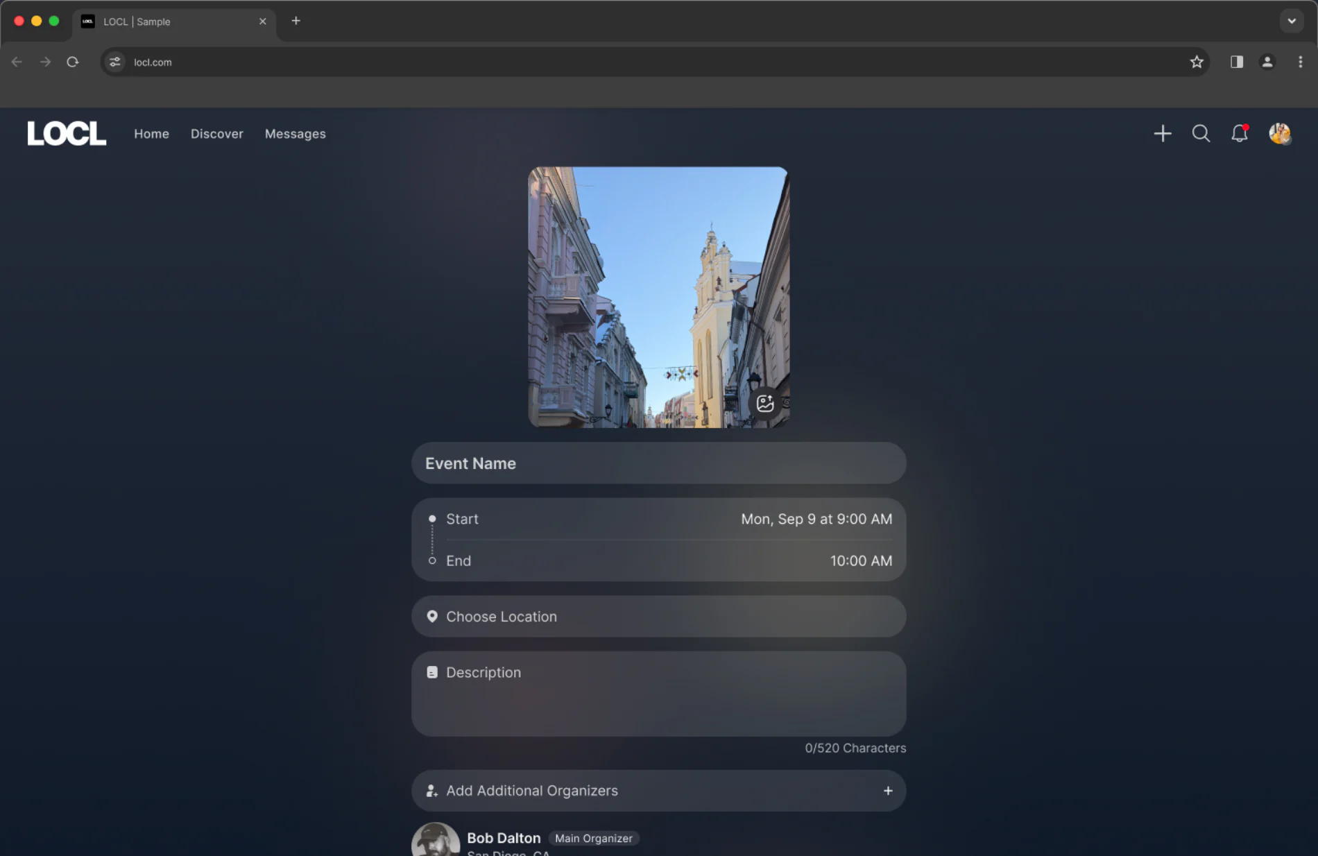 Event creation form on desktop after a cover image is uploaded, the background shifted to match it