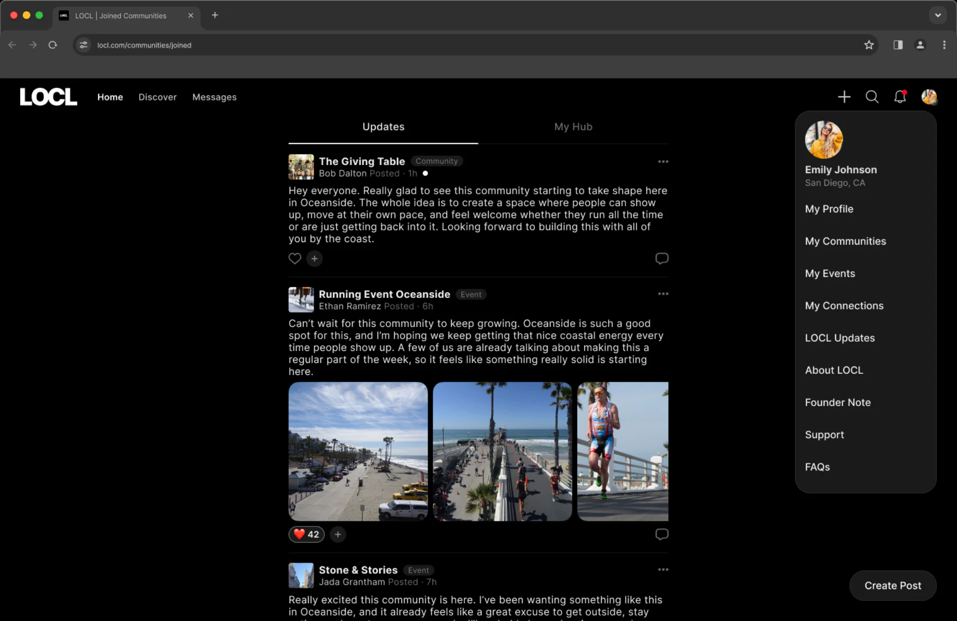 Desktop navigation: Home, Discover and Messages with search, create and notifications