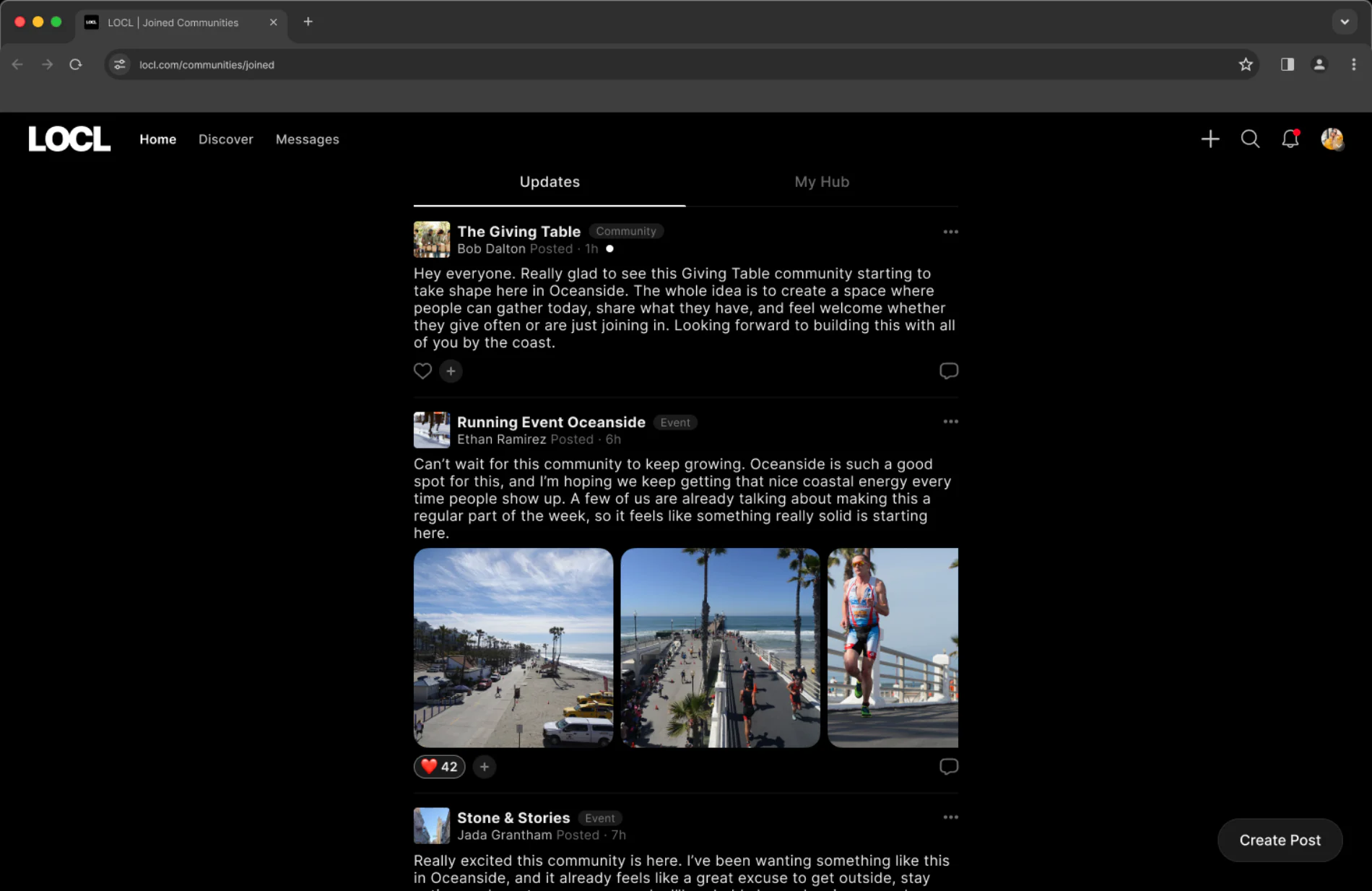 Home Updates feed on desktop: the same feed in a centred column with persistent navigation