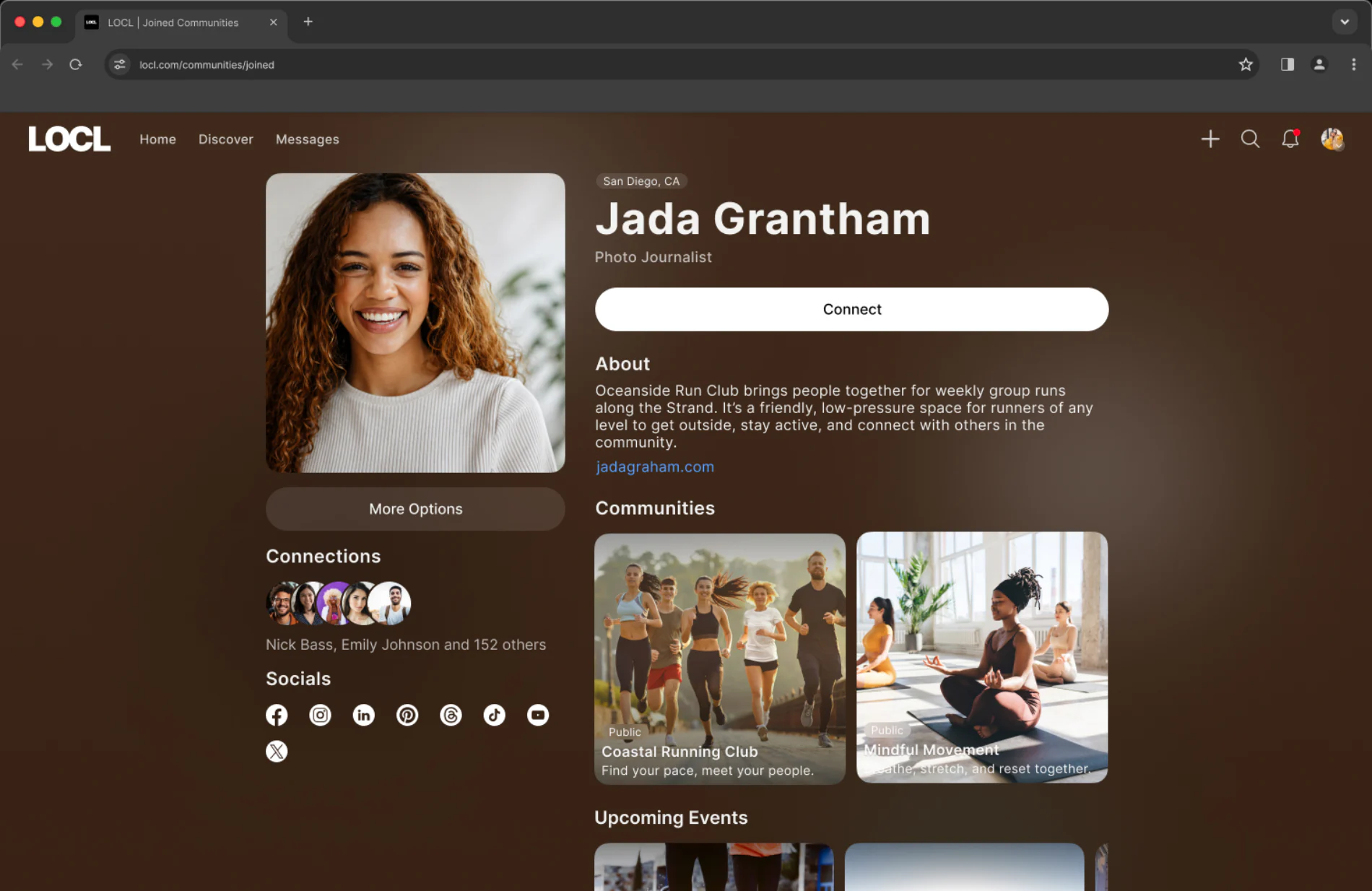 Profile on desktop: about, events, communities and connections