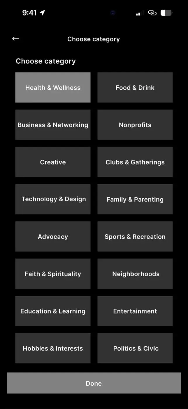 Category selection: 16 community types in a 2-column grid