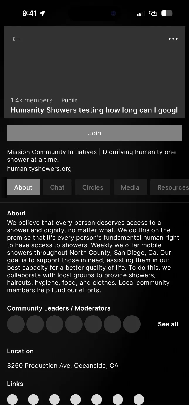 Community About: mission, community leaders, location, and links