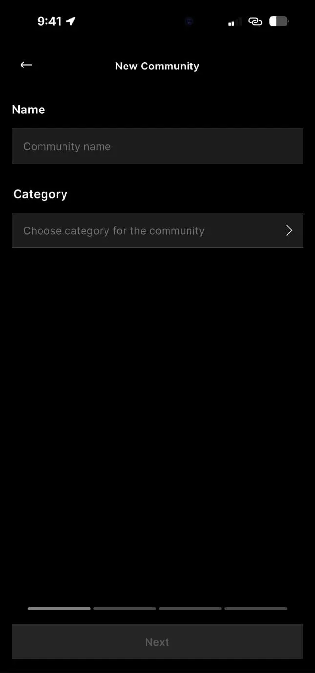 Create community: name and category as the first required step