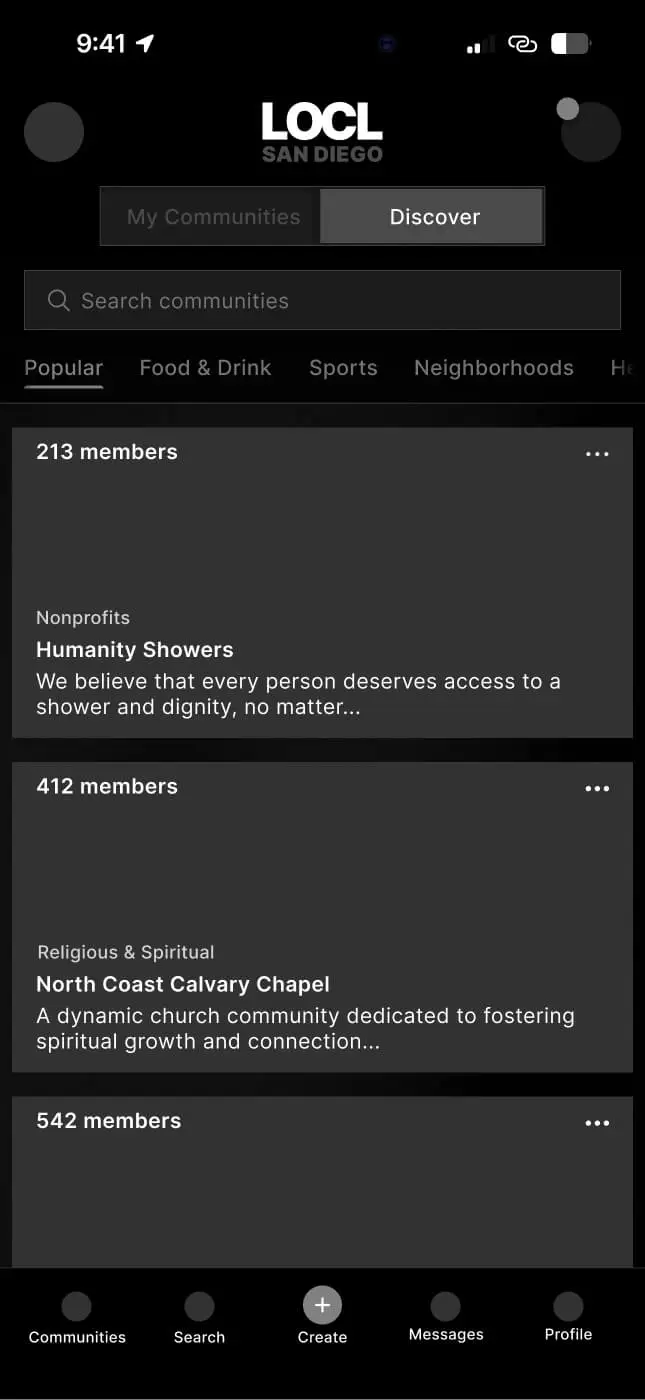 Discover: community cards with member count, category, and description