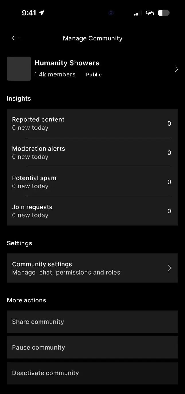 Manage Community: moderation insights, settings, and governance actions
