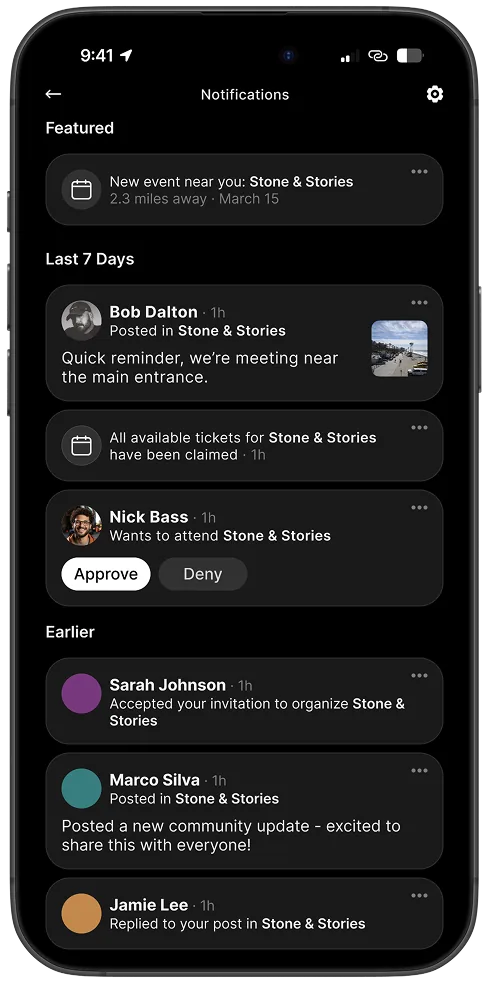 Notifications: governance actions, event alerts, and cross-surface activity