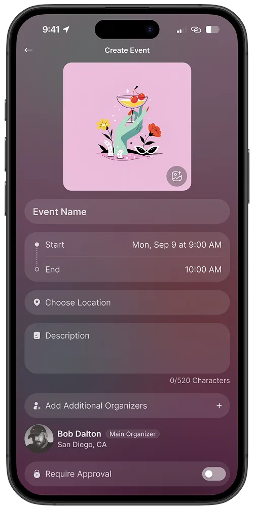Event creation form: no image, flat background