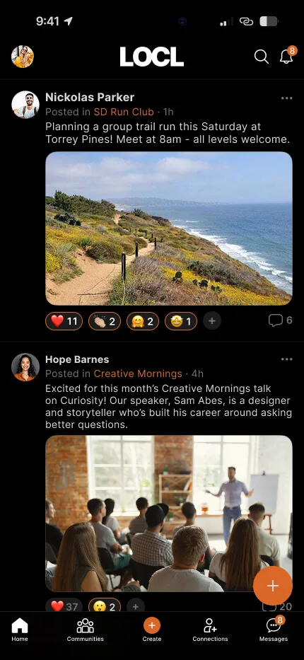 Home feed: MVP with orange accent and unified community feed