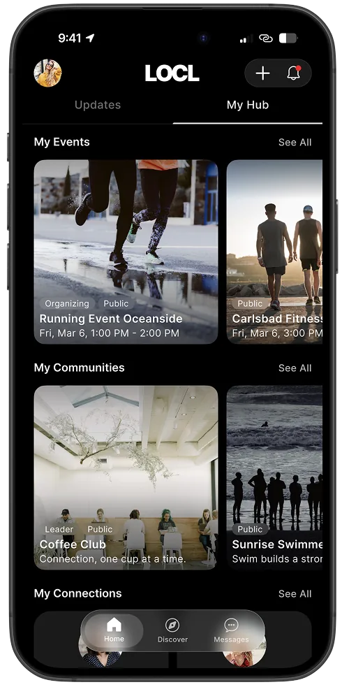 Home: My Hub showing personal events and communities